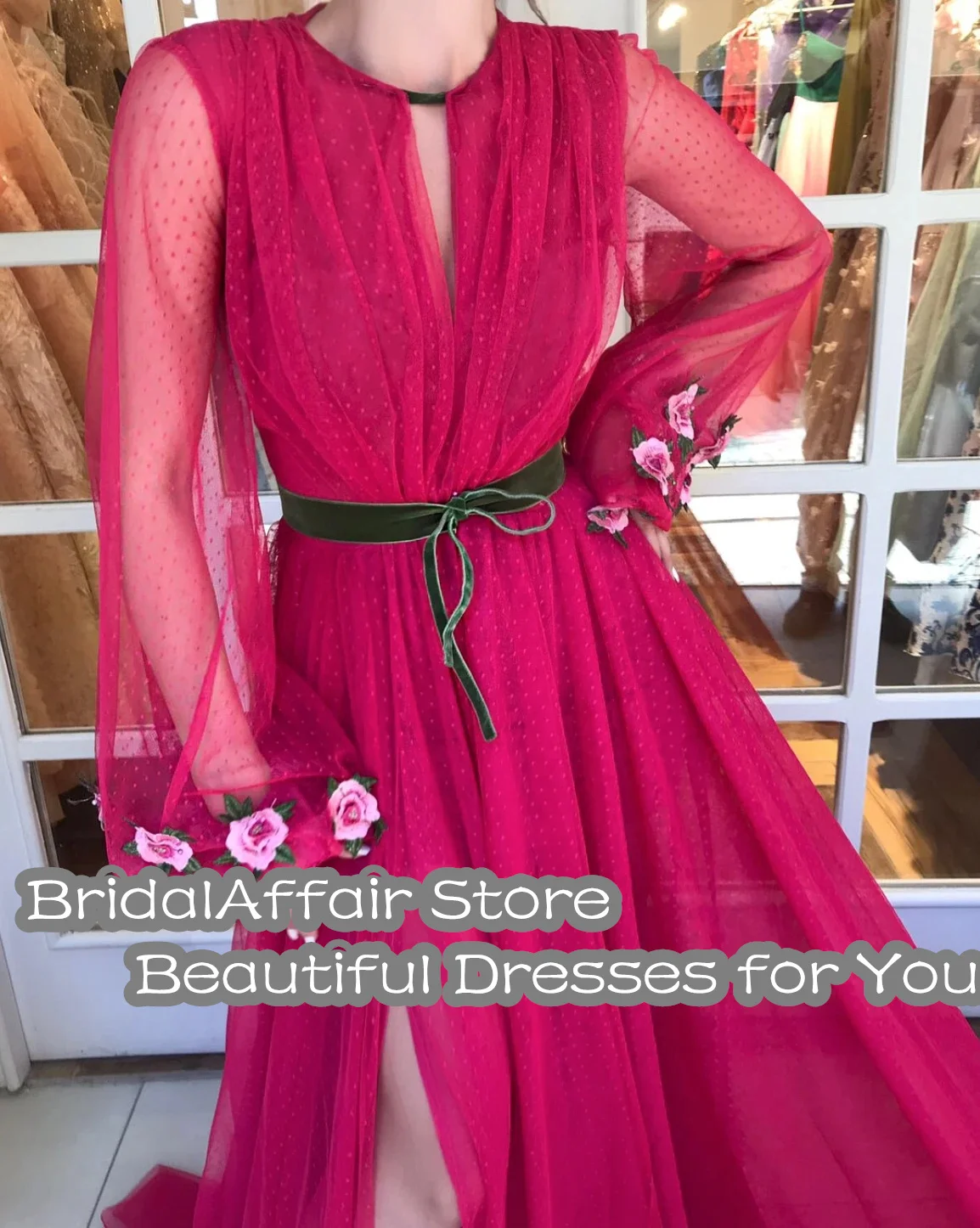 BridalAffair 2021 Mais Novo Rose Red Chiffon A Line Prom Dresses Elegante Puffy mangas compridas até o chão Vestidos de noite