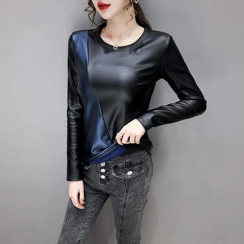 Winter Women\'s Blouse Leather Tops for Women Patchwork Oversize 4XL PU Leather Shirt Women Elastic Warm Velvet Top Women Shirts