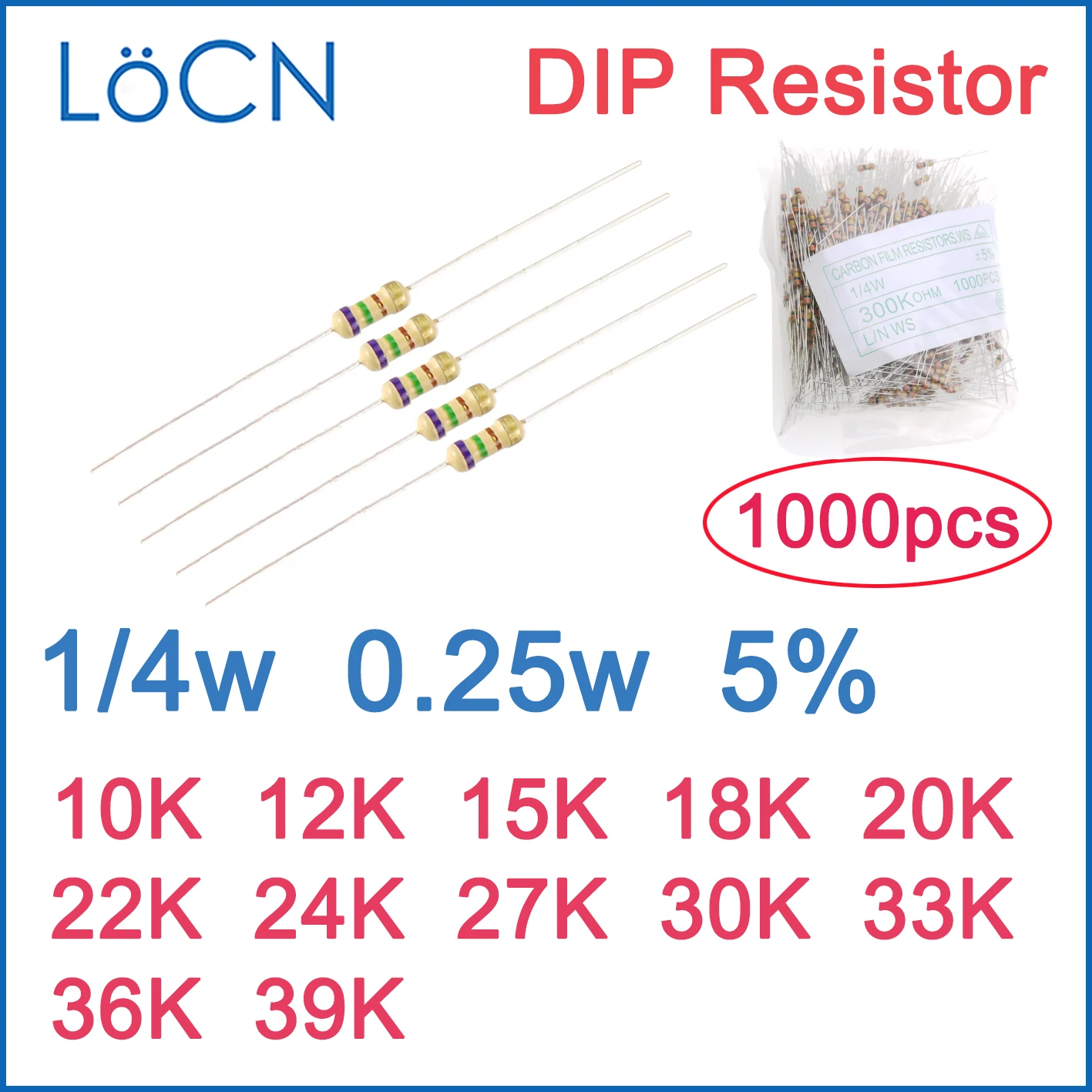 1000pcs 5% 1/4W Carbon Film Resistor DIP 10K 12K 15K 18K 20K 22K 24K 27K 30K 33K 36K 39K OHM Color ring 0.25w