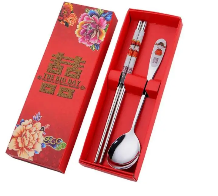 200pcs/lot Stainless Steel Dinnerware Double Happiness Red Color Spoons Chopstick Sets Wedding Party Gifts For Guest SN727