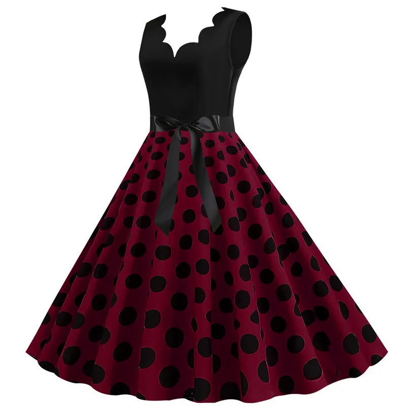 Polka Dot Print Women Summer Dress Black Patchwork Sleeveless V Neck Elegant Vintage Party Casual Midi Dress