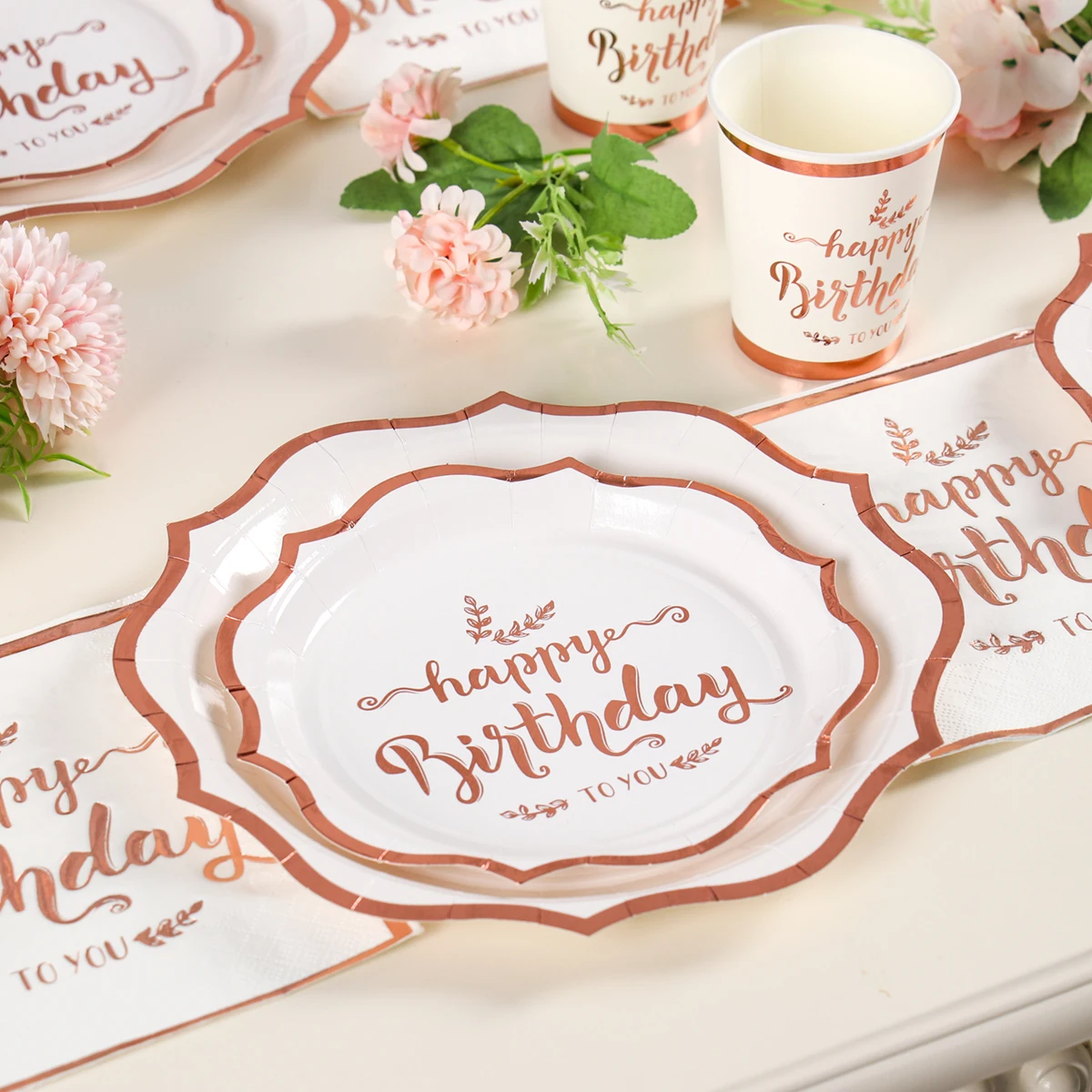 

Rose Gold Disposable Tableware Happy Birthday Party Decoration Kids Adults Paper Plate Cup Napkin One Year 1st Birthday Decor