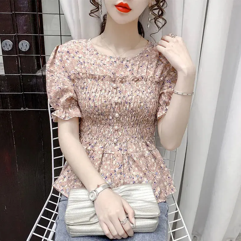 

Floral Chiffon Women Shirts Summer New Short Sleeve Lantern Slim Shorts Shirts Print Elatic Waist Button Fashion Female Shirts