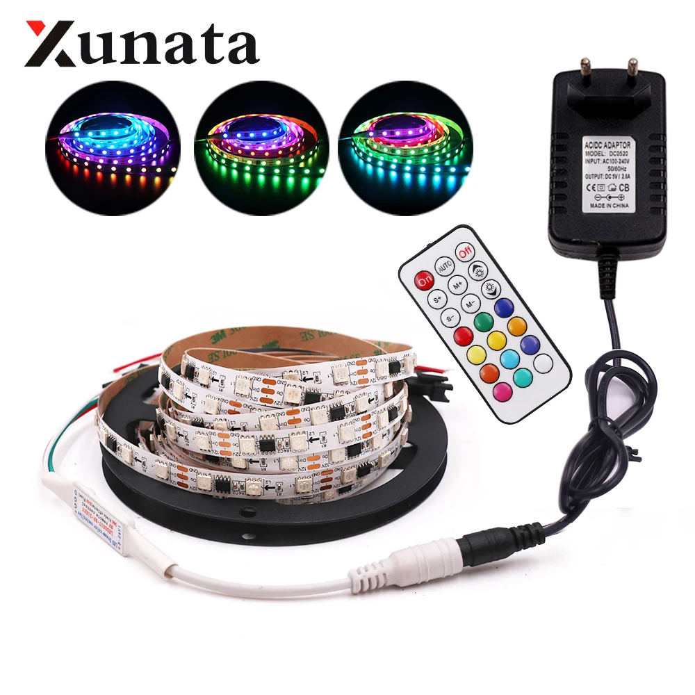 tira conduzida da cc 12v ws2811 com o controlador da fonte de alimentacao cores completas remotas 5050 rgb enderecavel fita conduziu a luz de tira do pixel 01