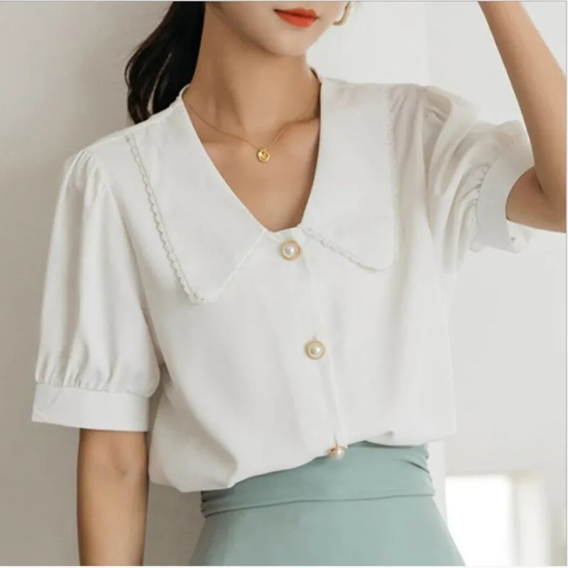 Women's Shirt 2024 New Doll Collar Short-sleeved Chiffon Blouse Summer Sweet Pearl Single-Breasted Shirts Casual Top Clothing