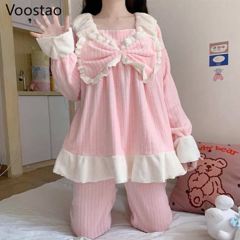 Autumn Winter Sweet Lolita Style Princess Coral Fleece Pajamas Sets Women Cute Bow Sleepwear Girly Kawaii Pink Home Wear Pyjamas