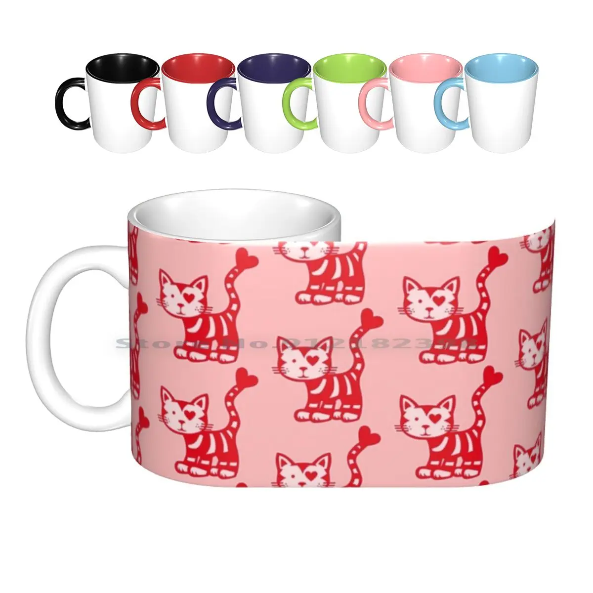 Love Cat In Red Ceramic Mugs Coffee Cups Milk Tea Mug Cat Love Rautie Love Story Comic Red Heart Creative Trending Vintage Gift