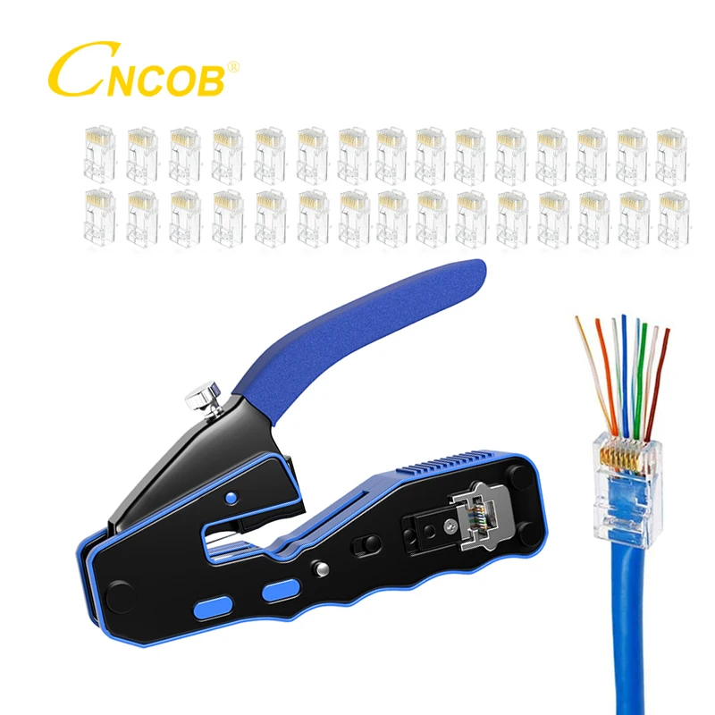 RJ45 Pass Through Crimper Cat5 Cat6 Crimp Tool for Network Modular Plugs Ethernet Cables +30pcs Perforated Cat6 Connectors