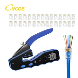 RJ45 Pass Through Crimper Cat5 Cat6 Crimp Tool for Network Modular Plugs Ethernet Cables +30pcs Perforated Cat6 Connectors