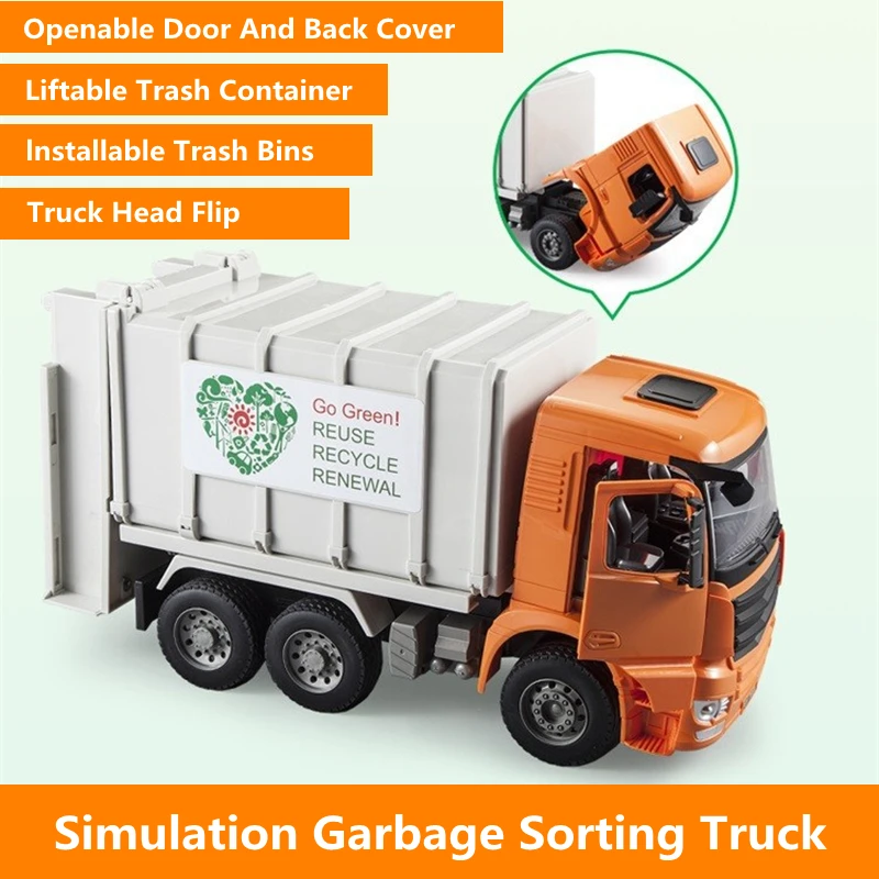 Simulation Garbage Sorting Truck Liftable Trash Truck Head Flip Openable Door & Back Cover Container Puzzle Car Boy Kid Gift Toy