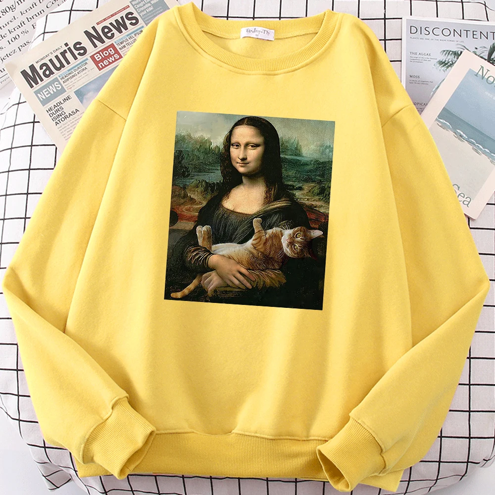 Famous Painting Mona Lisa Hold Cat Print Men Hoodies Soft Oversize Hoody Casual Autumn Sweatshirts Loose Soft Women Pullover Top