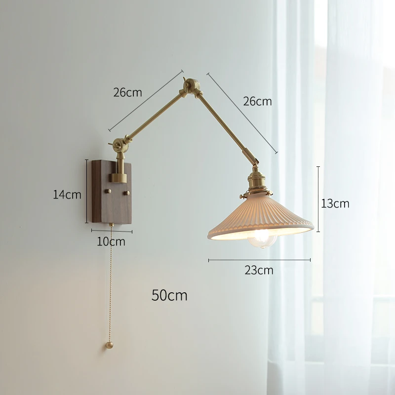 IWHD Pull Chain Switch LED Wall Light Fixtures Bedroom Study Living Room Copper Swing Long Arm Wall Lamp Sconce Applique Murale