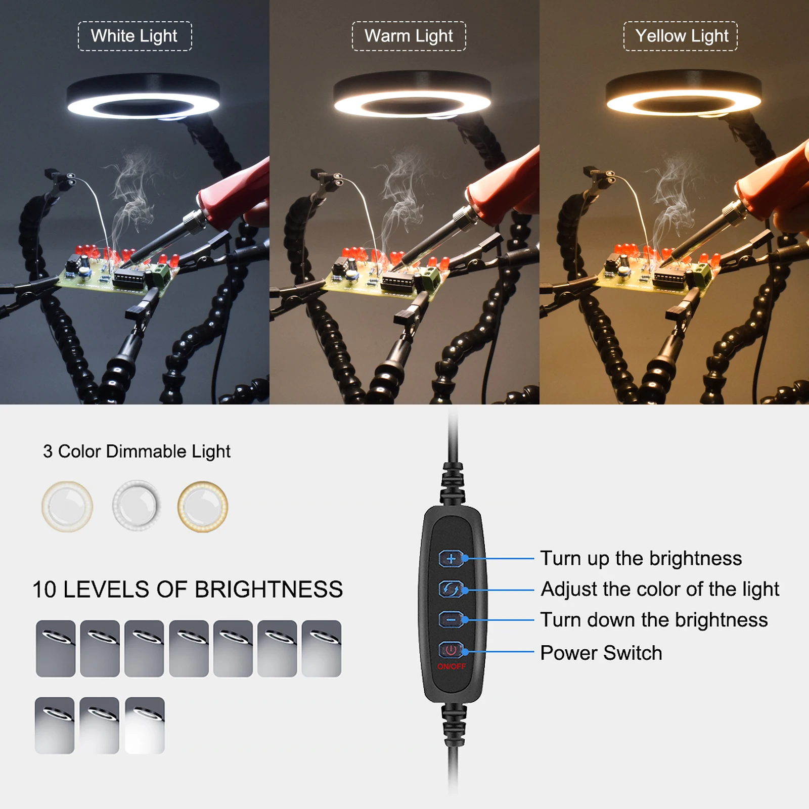 NEWACALOX-Herramienta de reparación de manos para soldar, soporte de PCB de tercera mano, brazos flexibles de 6 piezas, lámpara LED de aumento 3X, ventilador artesanal