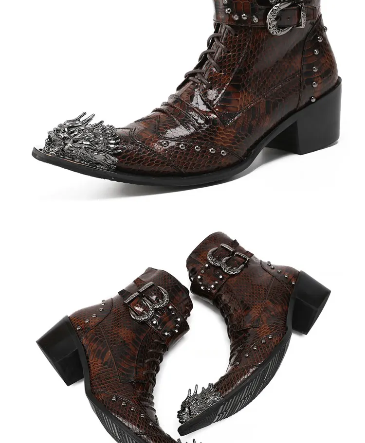 Herren Maßgefertigte Schlangenleder-Stiefel mit Nieten, Mittelhoch, Spitze Zehenkappe, Luxuriöser Singer-Modell-Stil, Bar-Party, Persönlichkeit, Herbstschuhe – Detail 16