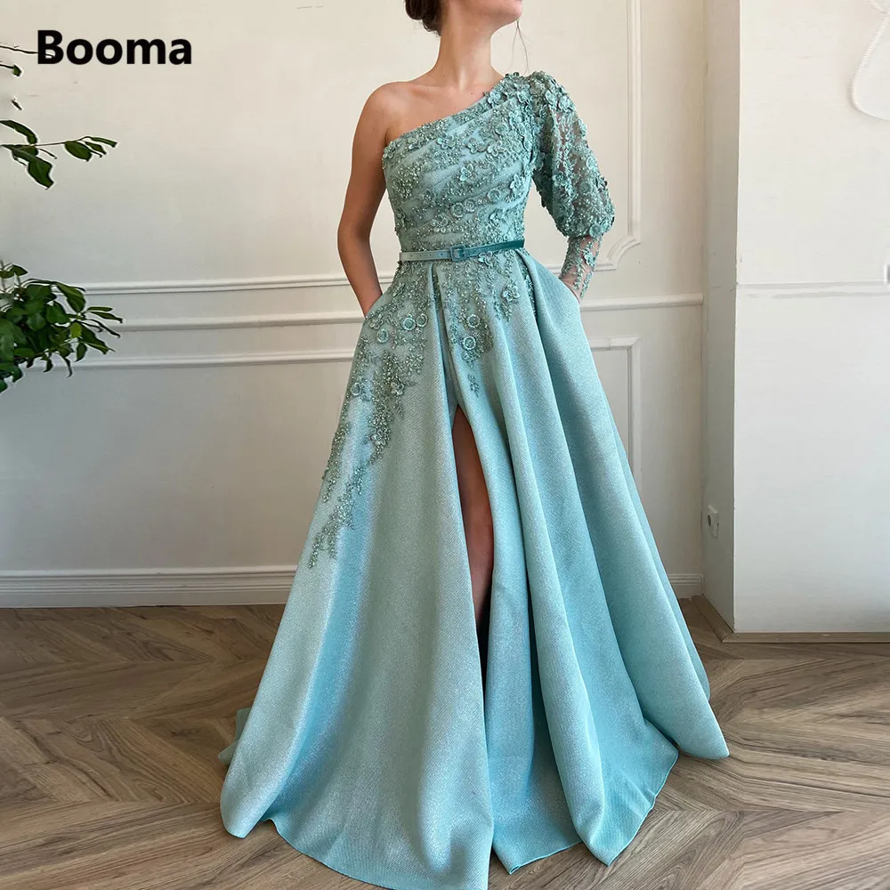 Booma-Vestidos de Noche verdes de un hombro, Apliques de encaje de manga de obispo, abertura larga, línea A, para baile de graduación, largos, formales, para fiesta