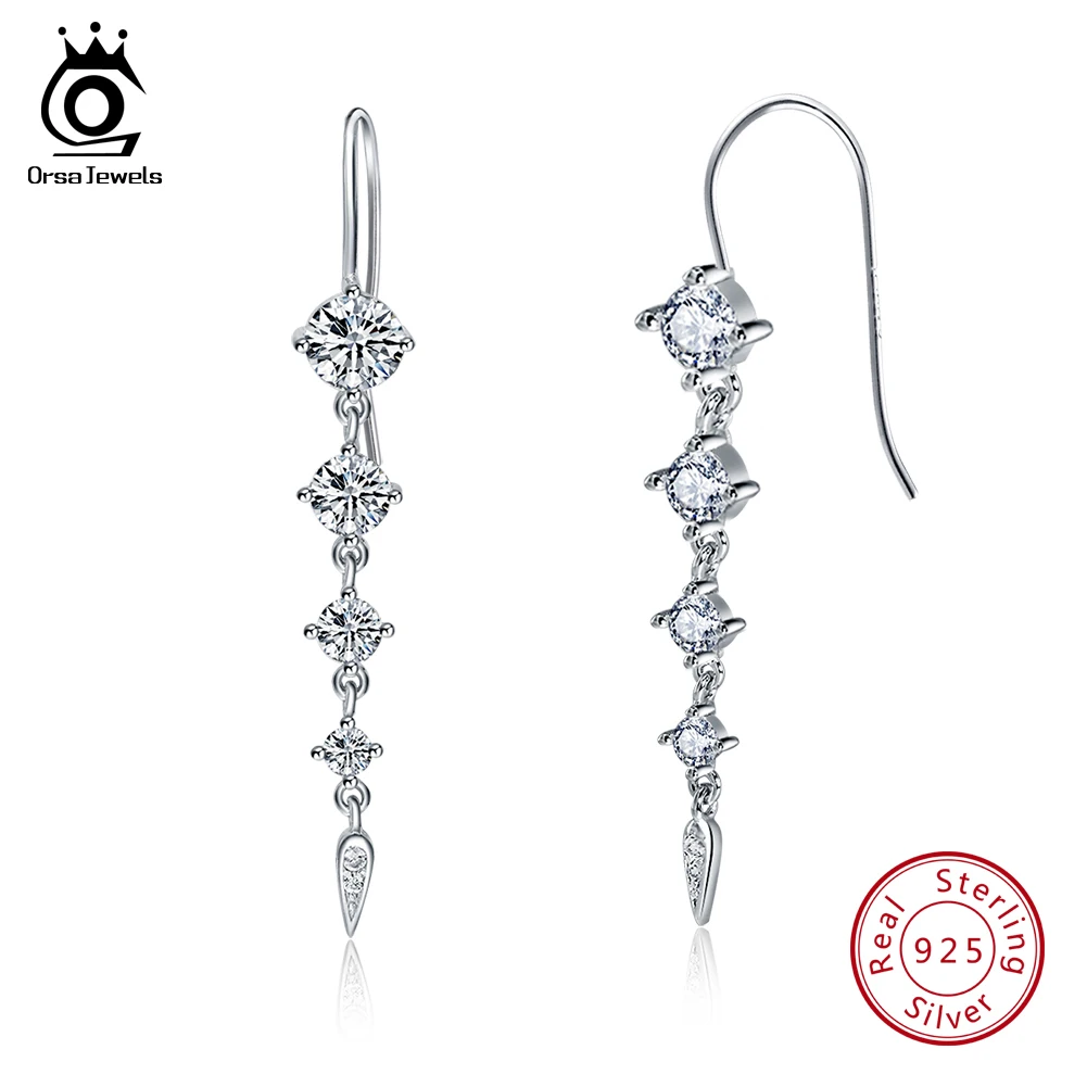 

ORSA JEWELS Real 925 Sterling Silver Women Earring With Round AAA Zircon Long Dangle Earrings Silver Fine Jewelry Party OSE52