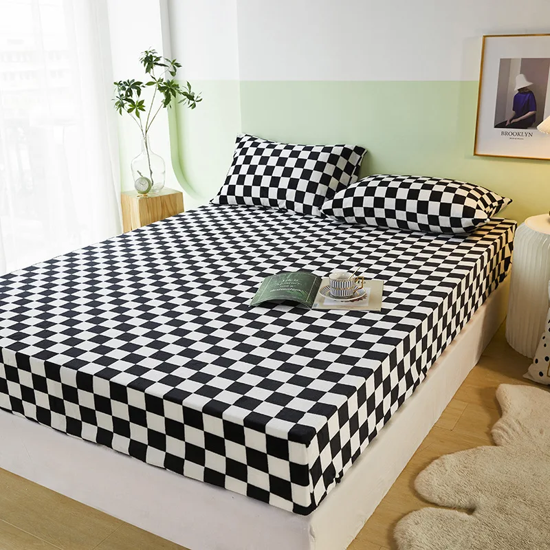 Retro Checkerboard Fitted Sheet Winter Thickened Bedspread Milk Velvet Bed Sheet Mattress All-inclusive Protective Bed Cover