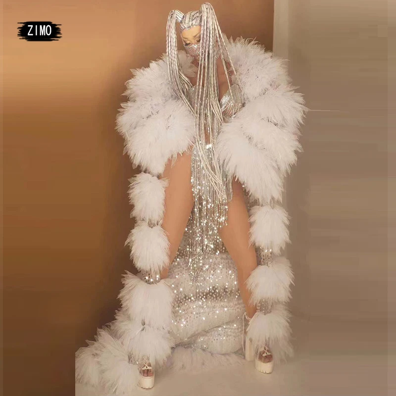 luxury Nightclub Prom Silver Sequin Tassel underwear long coat Womens Sexy Fringes Party ds Singer Dance Stage drag queen costum