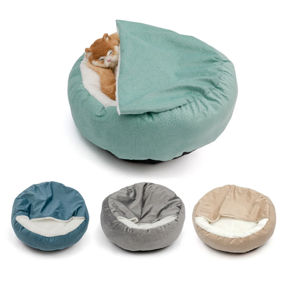 Pet Dog Cat Round Plush Bed Semi-Enclosed Kitten Nest Pet Deep Sleep Winter Warm Cover Blanket Kennel Soft Sofa Bed Cat Supplies