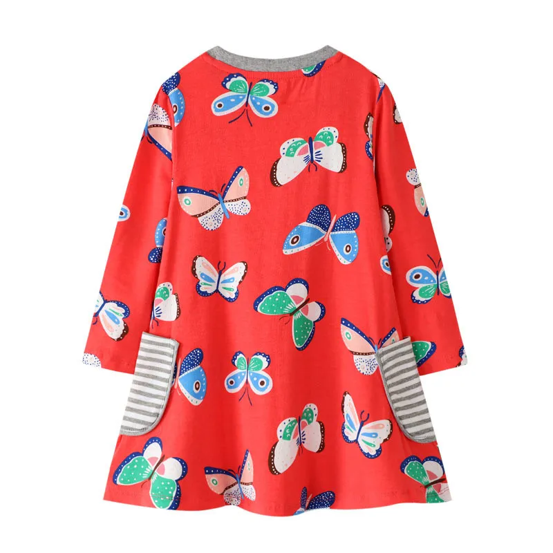 Jumping Meters 3-12T Long Sleeve Autumn Girls Pockets Cotton Clothing Butterflies Print Party Girls Dresses