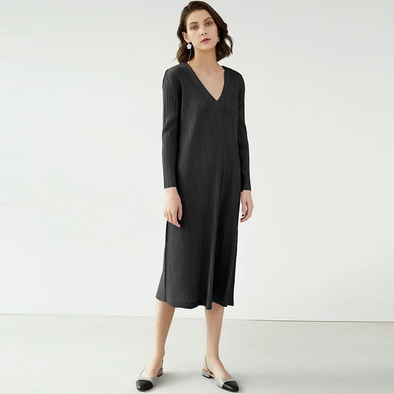 Miyake Pleated Dress For Women Clothing Summer V-Neck Long Sleeved Solid Colour Stretchable Loose A-Line Casual Dress Midi