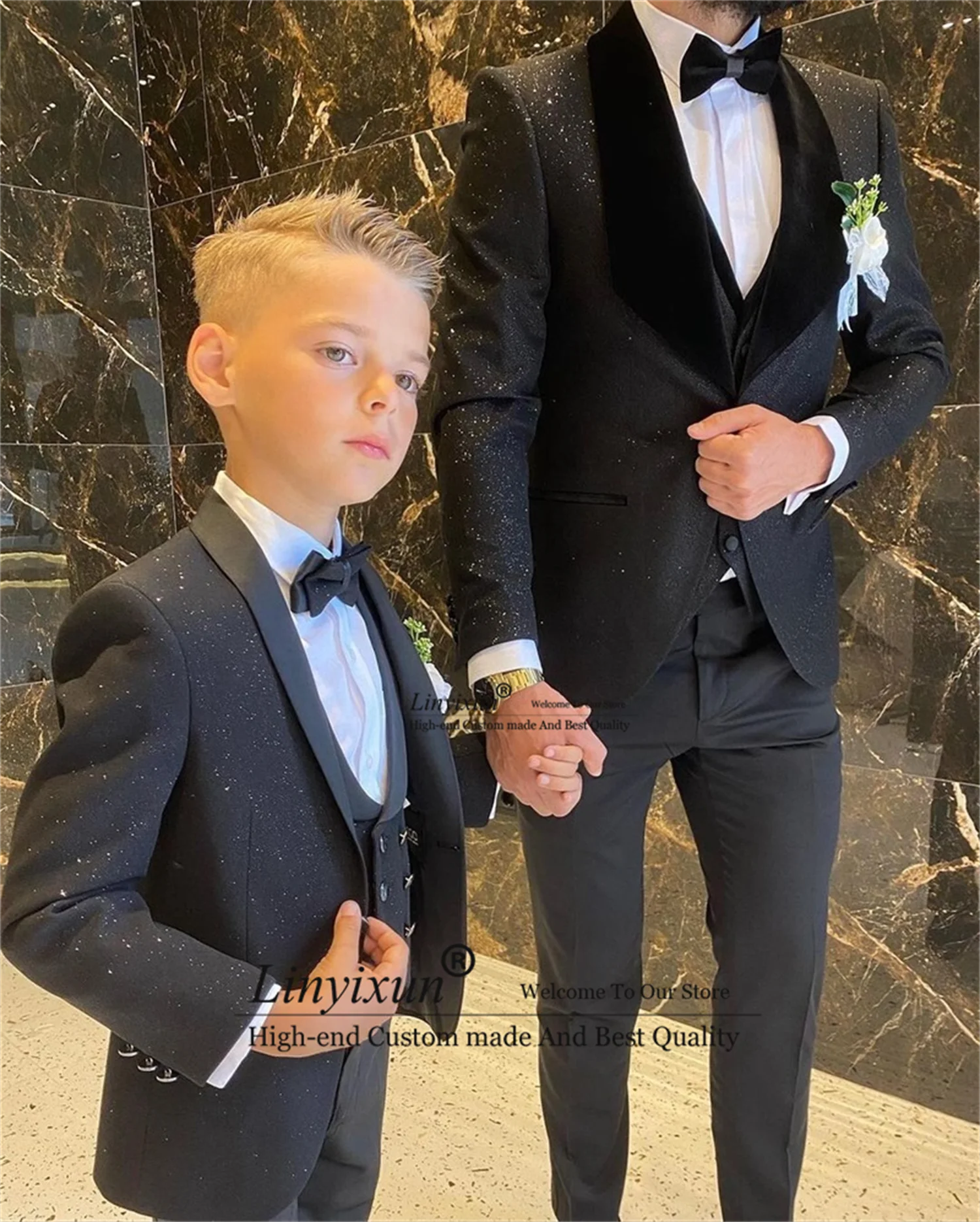 Shinny Mens Suits Shawl Lapel Groom Wedding Tuxedos 3 Pieces Set Male Prom Blazer Terno Masculino Father And Son Kids Suits