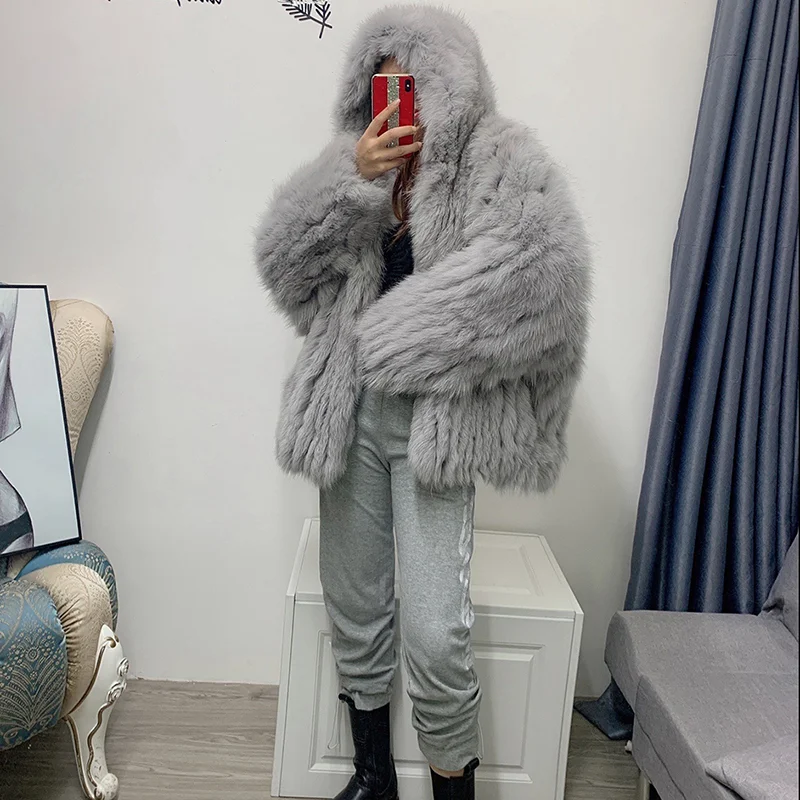 Raccoon Wool Woven Coat Women Winter Real Fox Fur Hooded Short Bat Jacket Plus Size Genuine Female With Real Fur Hood Clothes