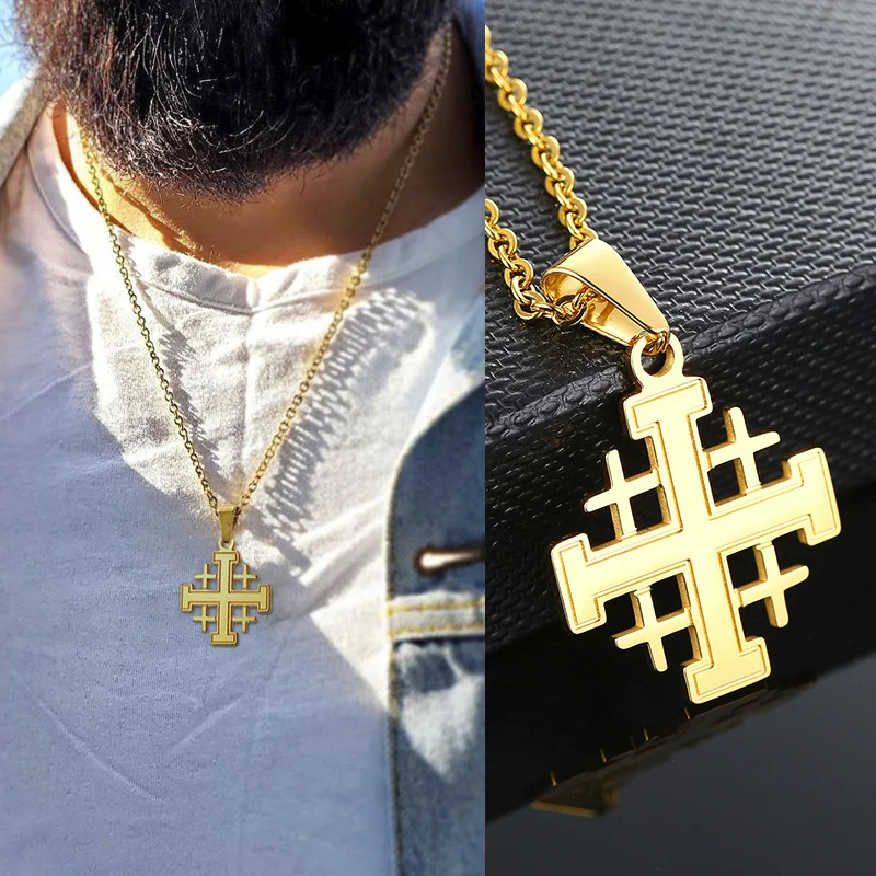 

JERUSALEM CROSS NECKLACE FOR MEN BIBLE CRUSADERS STAINLESS STEEL PENDANT ISRAEL JEWELS Bible Crusaders WITH 24 INCH