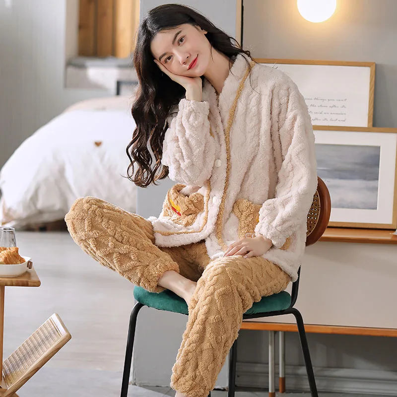 Winter Thick Warm Women Flannel Pajamas Set Long Sleeve Turn-down Collar Cardigan XXL Female Nighty Homewear Clothing