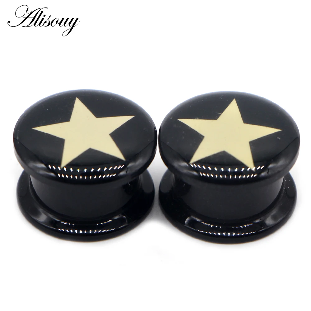 Alisouy 2pcs 4-25mm Ear Gauge Plugs Star Black Acrylic Screw Fit Flesh Tunnel Eyelet Stretchers Ear Plug Body Piercing Jewelry