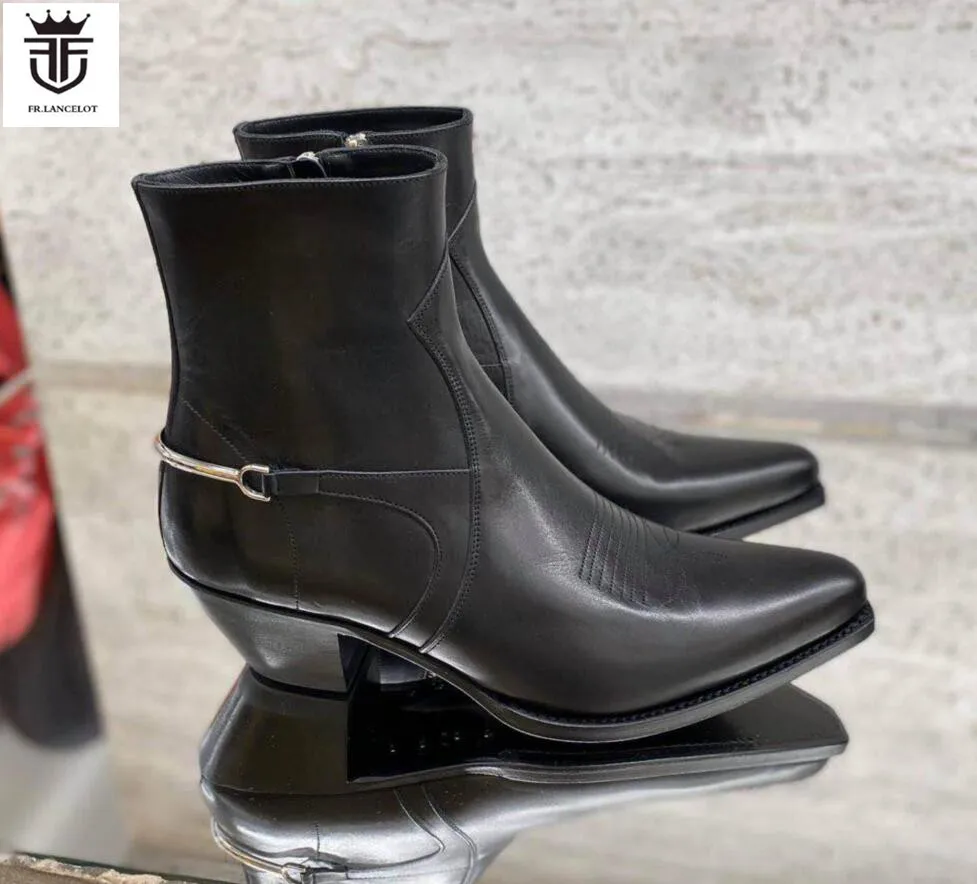 2020 New real leather men booties metal decoration Chelsea Boots embroidery Boots point toe Men\'s party shoes med heel 5cm botas