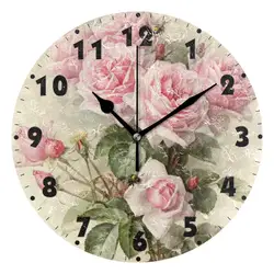 Vintage Shabby Floral Printed Silent Wall Clock Round 25cm Kitchen Clock Chic Pink Rose Flower Quiet Desk Clock For Living Room