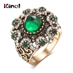 Kinel Hot Green Natural Stone Antique Rings For Women Vintage Wedding Jewelry Boho Crystal Flower Party Ring Christmas Gifts