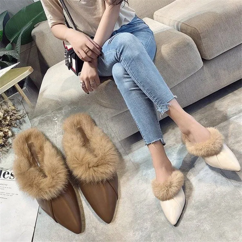 Winter Warm Real Rabbit Fur Slippers Mules Pointed Toe Elegant 2020 Women\'s Autumn New Furry Slides Flip Flops Office Work Shose