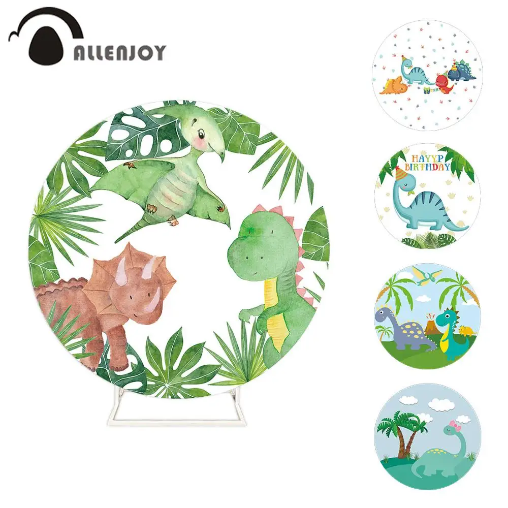 

Allenjoy Dinosaur Cartoon Circle Photozone Happy Birthday Jungle Leaves Tree Flags Balloons Banners Baby Shower Party Curtain