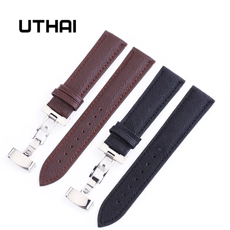 UTHAI Watchband 12/14/16/18/20mm/22mm Universal cowhide Strap Double pull butterfly buckle Watch accessories