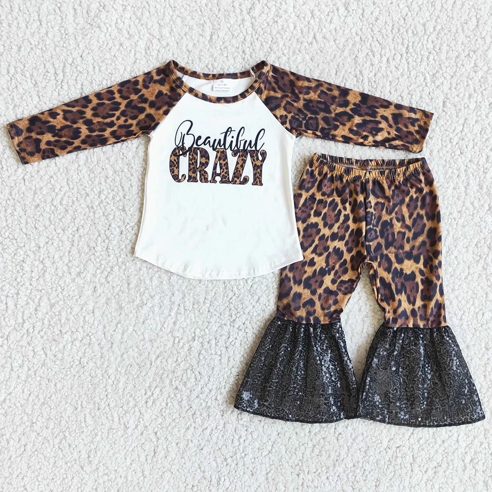 

Hot Sale Kids Designer Clothes Girls Boutique Outfits Crazy Leopard Sequins Fashion Baby Girl Clothing Set Boutique Kids Clothes