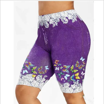 Women Yoga Shorts Leggings Summer Fake Denim Ladies Short Pants Summer Floral Printed High Waist Female Shorts