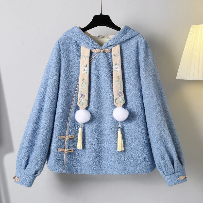 2024 Winter Chinese Hanfu Women\'s Plus Size Sweet Hooded Embroidery Hoodie Sweatshirt Traditional Skirt Two-piece Suit Thicken