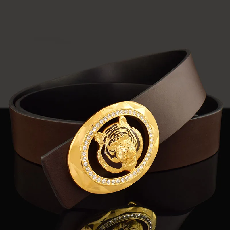 High Quality Tiger Buckle Belt Men's Fancy Retro Fashion Belt Sliding Buckle Belt Luxury Genuine Leather Casual