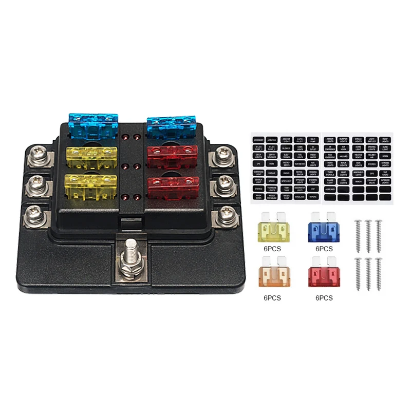 

12V 24V Blade Fuse Box Holder 6 Ways Modified Fuse Box Terminal Block with LED Warning Light for Car Boat Marine Trike