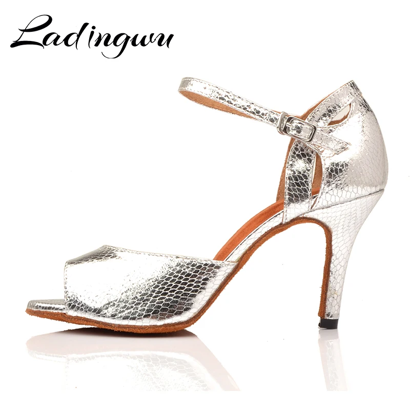 Ladingwu New Salsa Shoes Dance Women\'s Ballroom Dance Shoes Sandals Party Performance women Latin Dance Shoes Silver Snake PU