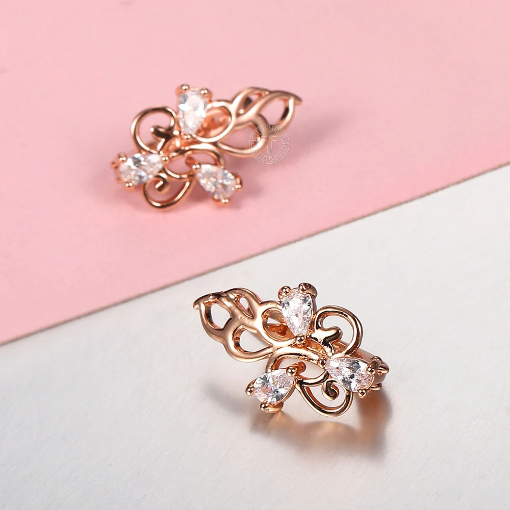 Pendientes de circonia cúbica para mujer, aretes femeninos de Color oro rosa, flor, planta, boda, fiesta de compromiso, joyería, regalos, LGE339, 585