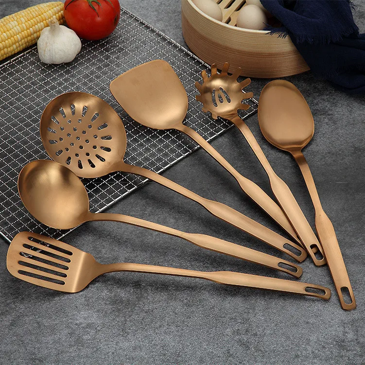 Stainless Steel Kitchenware Spatula  Frying shovel Cooking Tool Set  Gold Scoop Soup Ladle Skimmer Colander Kitchen Accessories