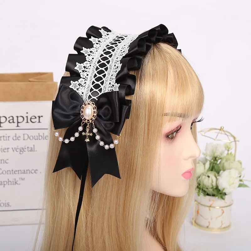 Gothic Lolita Ruffles campana di pizzo fascia cameriera peluche orecchie di gatto nastro Cosplay donna ragazza cerchio per capelli accessori Kawaii