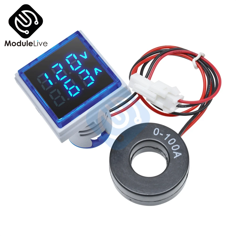 22MM  1-100A AC 50-500V 20-75Hz Digital Voltmeter Ammeter Voltage Current Meter Detector Blue Square Tester 220V Tools