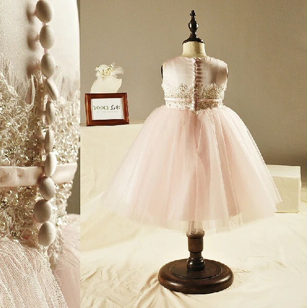 o-neck pink tulle lace sashes button flower girl Dresses for weddings 2016 first communion dresses for girls tea-length beading