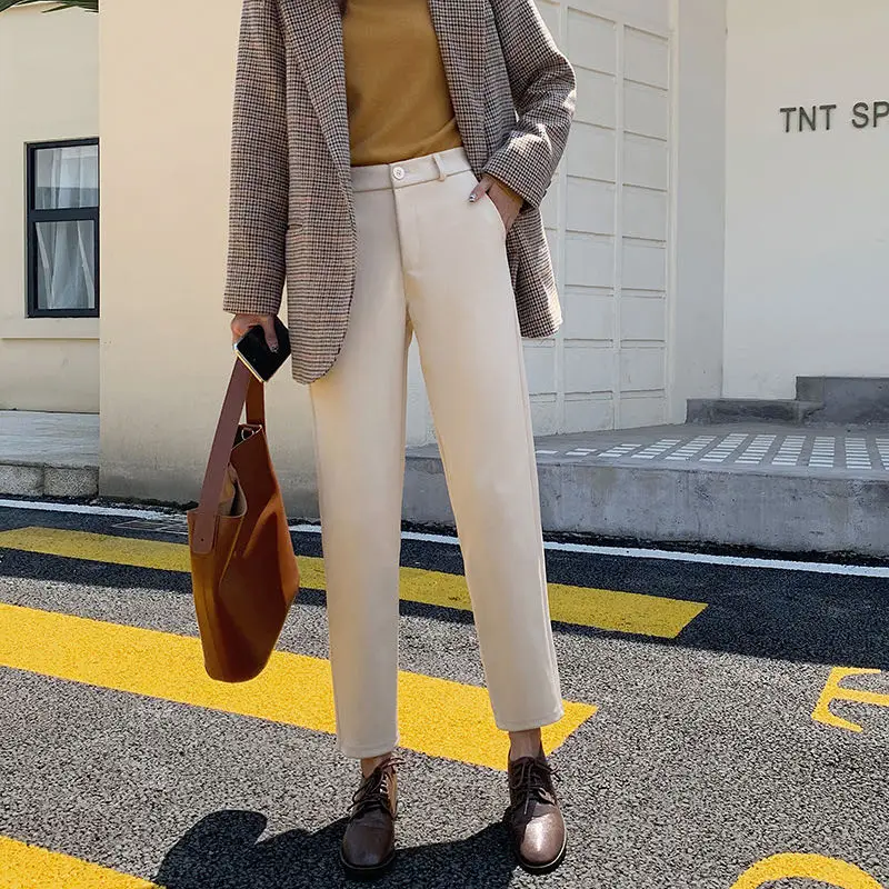 Women Elegant Winter Solid Straight Woolen Suit Pants Female Ankle-length High Waist Trousers Office Lady Workout Clothing