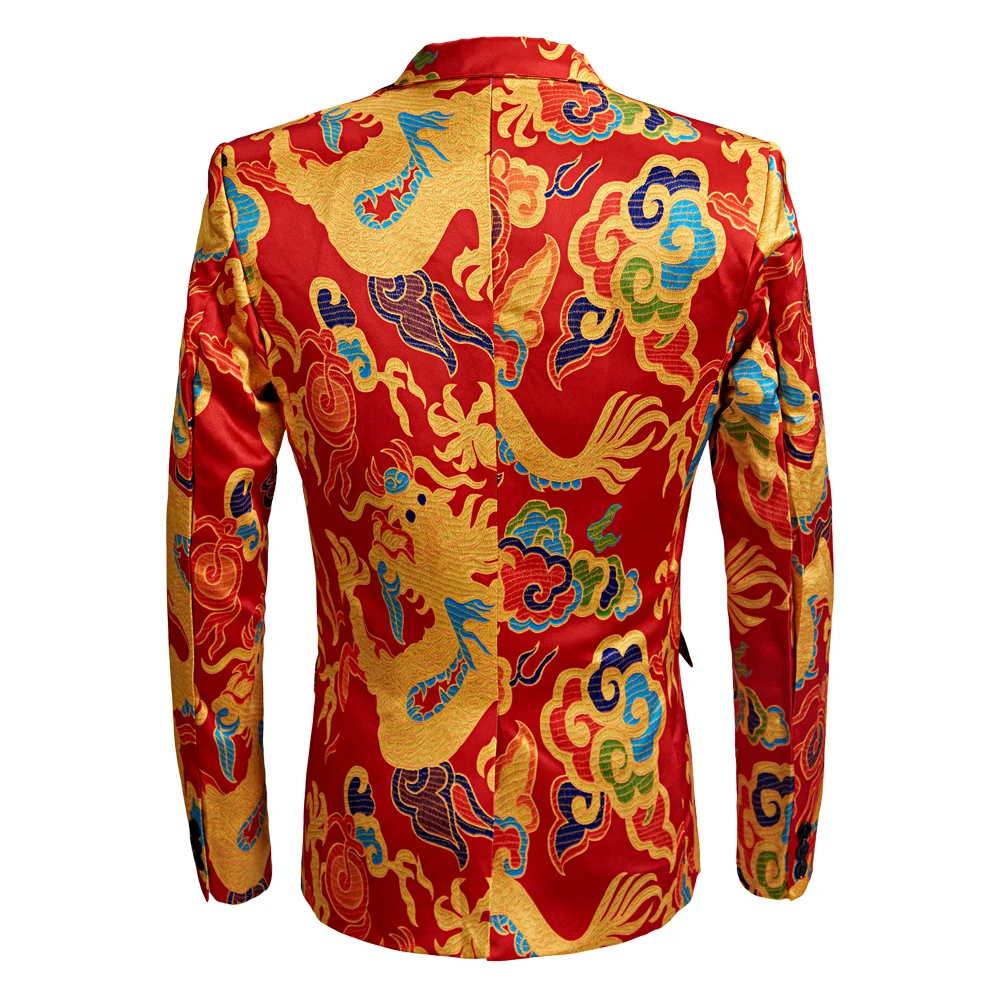 Men Casual Blazer Print Red Dragon   Pattern Design DJ Club Singer Costume  Slim Fit Suit Jacket Coat