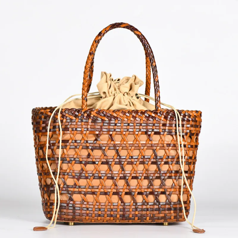 Summer new Genuine Leather Hollowed Woven Shoulder Bag with Casual Woven Inside Bag Vintage Shopping Bag Cowhide Tote Bag